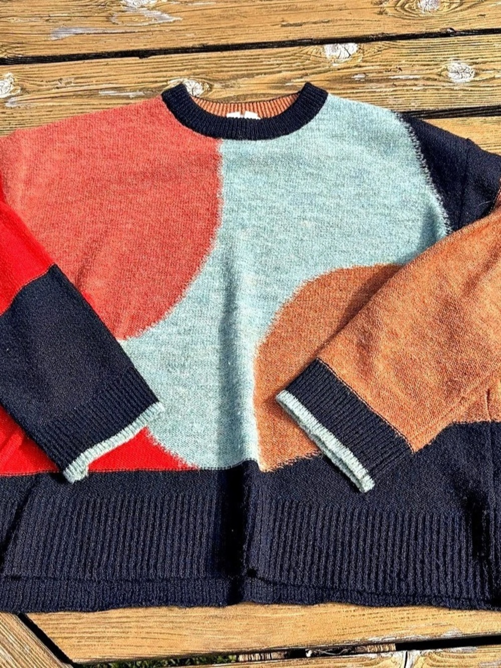 White Stuff Freya Abstract Jumper Color Block Wool Blend Crewneck US Size 8